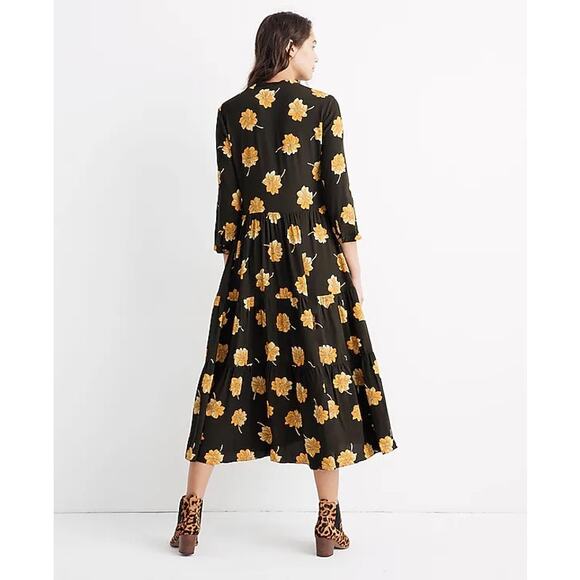 Madewell Button Front Tier Dress in Fall Yellow Flowers Maxi Dress Women Size S - Picture 2 of 8